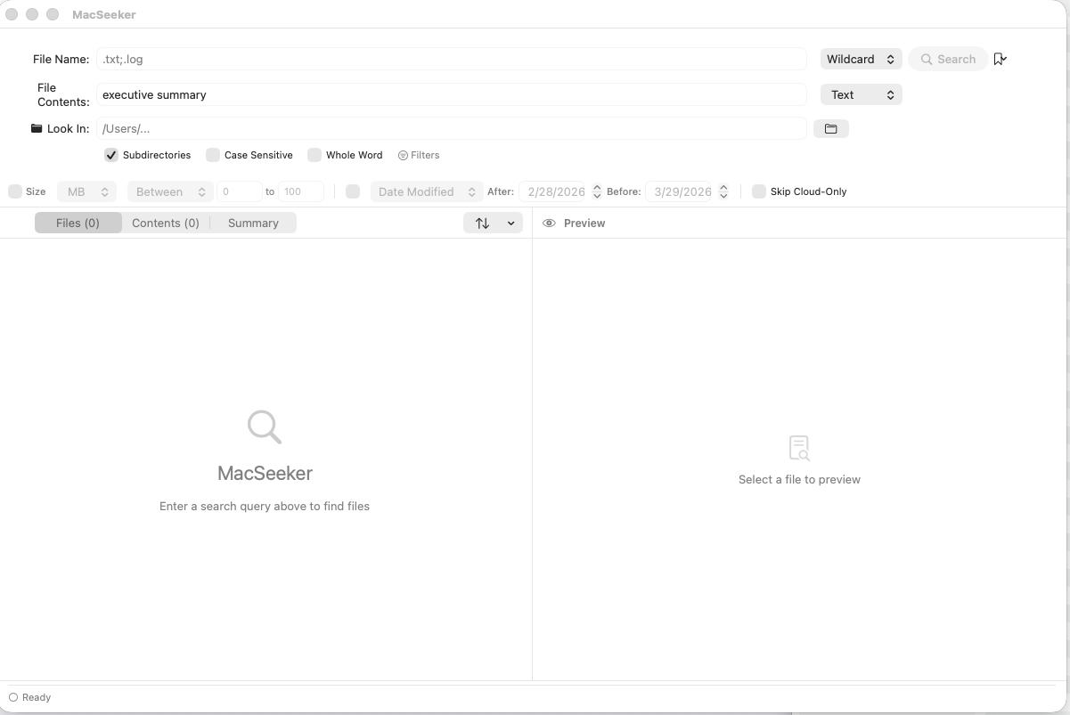 File Ferret app — light mode showing dual search fields, filter bar, and highlighted content match results